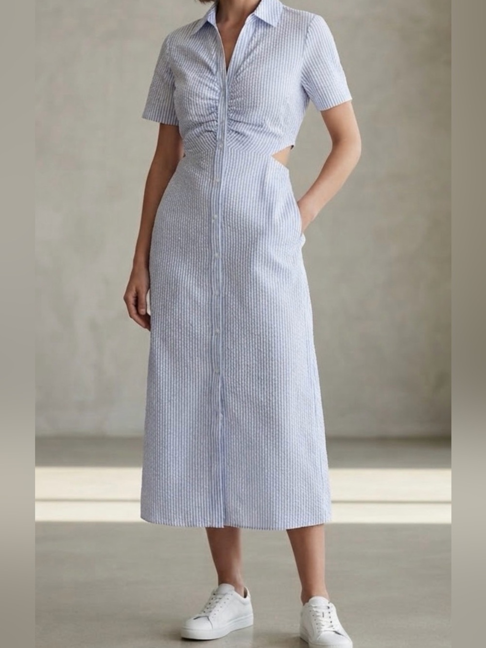 Old Navy Midi Dress Striped Blue Cut-Out Medium